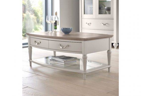 White Wood coffee table with natural wood top and two drawers at our Burton on Trent shop