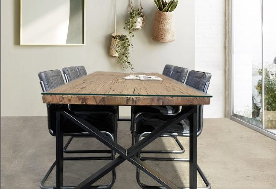 Railway sleeper top table with black legs & glass finish